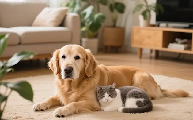 Dog and cat resting together in a bright living room